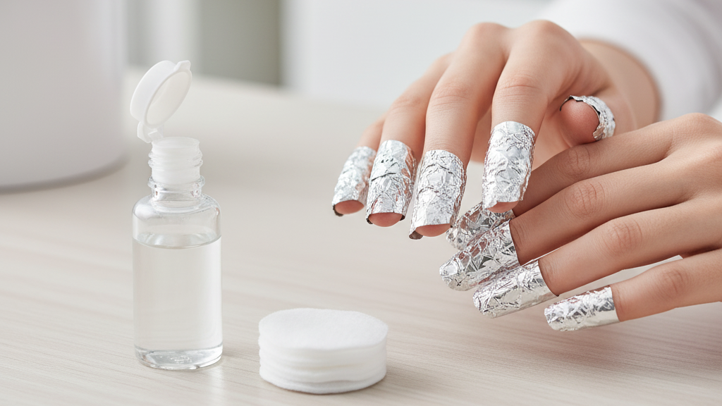 Uma foto 'clean' e profissional de pontas dos dedos envolvidas em papel alumínio (foil), ao lado de um pote de acetona e algodão.