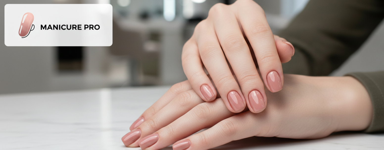 Mãos de mulher com unhas profissionais cor nude em um salão - Manicure Pro
