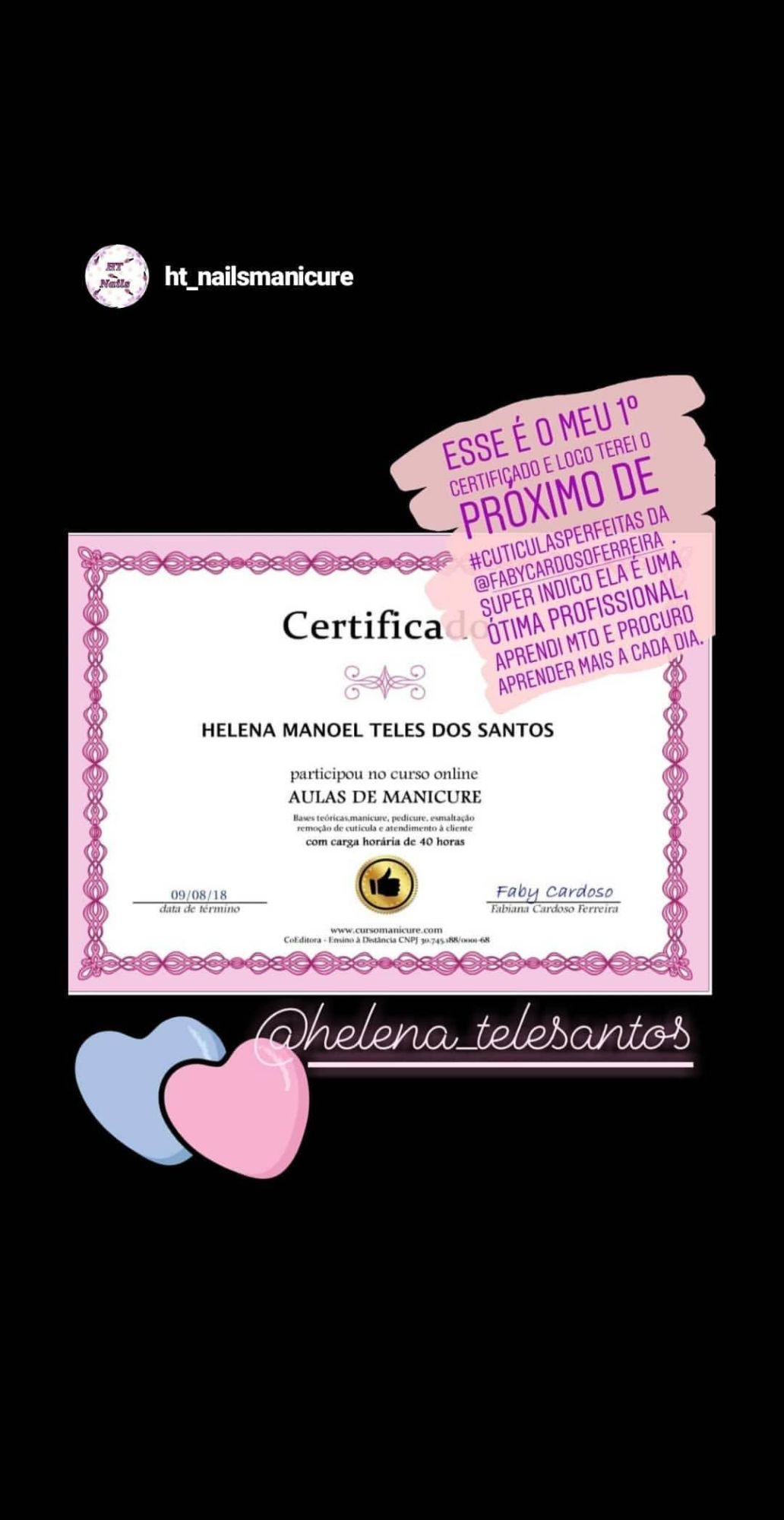 Story de uma aluna mostrando seu certificado.