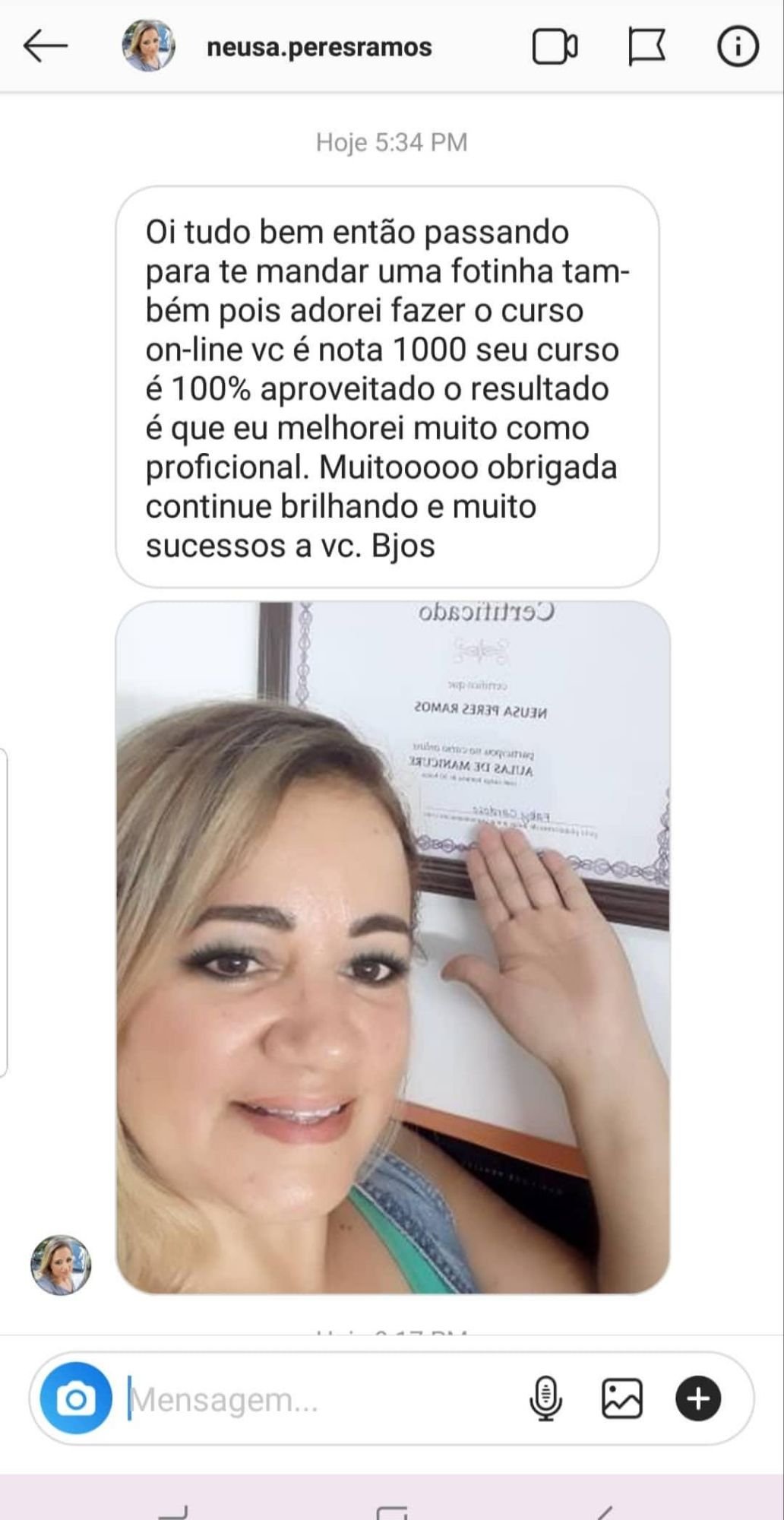 Direct de uma aluna agradecendo e dando um feedback positivo do cruso.